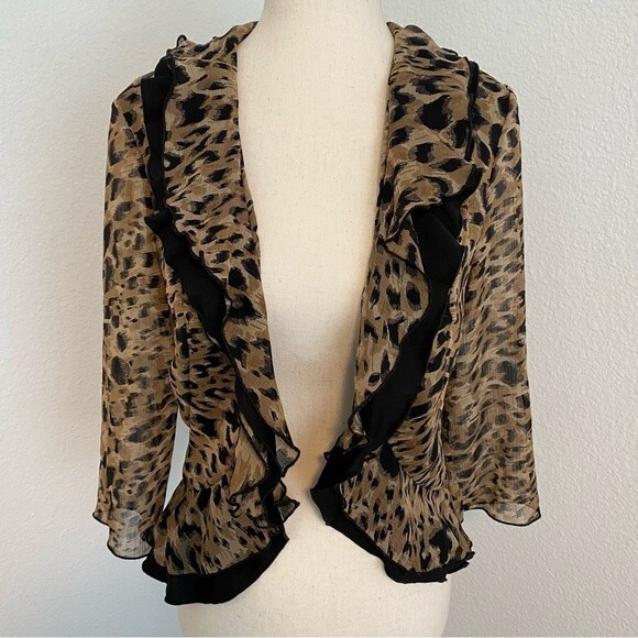 Maggie Sweet Open Front Jacket Black Brown Abstract Ruffle Fitted Crop Size PS - Picture 2 of 11